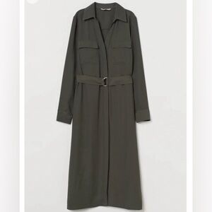 H&M Olive Green Long-Sleeve Shirt Dress with Belt